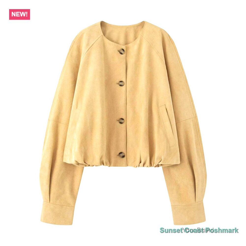 Faux Suede Button Bomber Jacket Oversized Cropped Outerwear